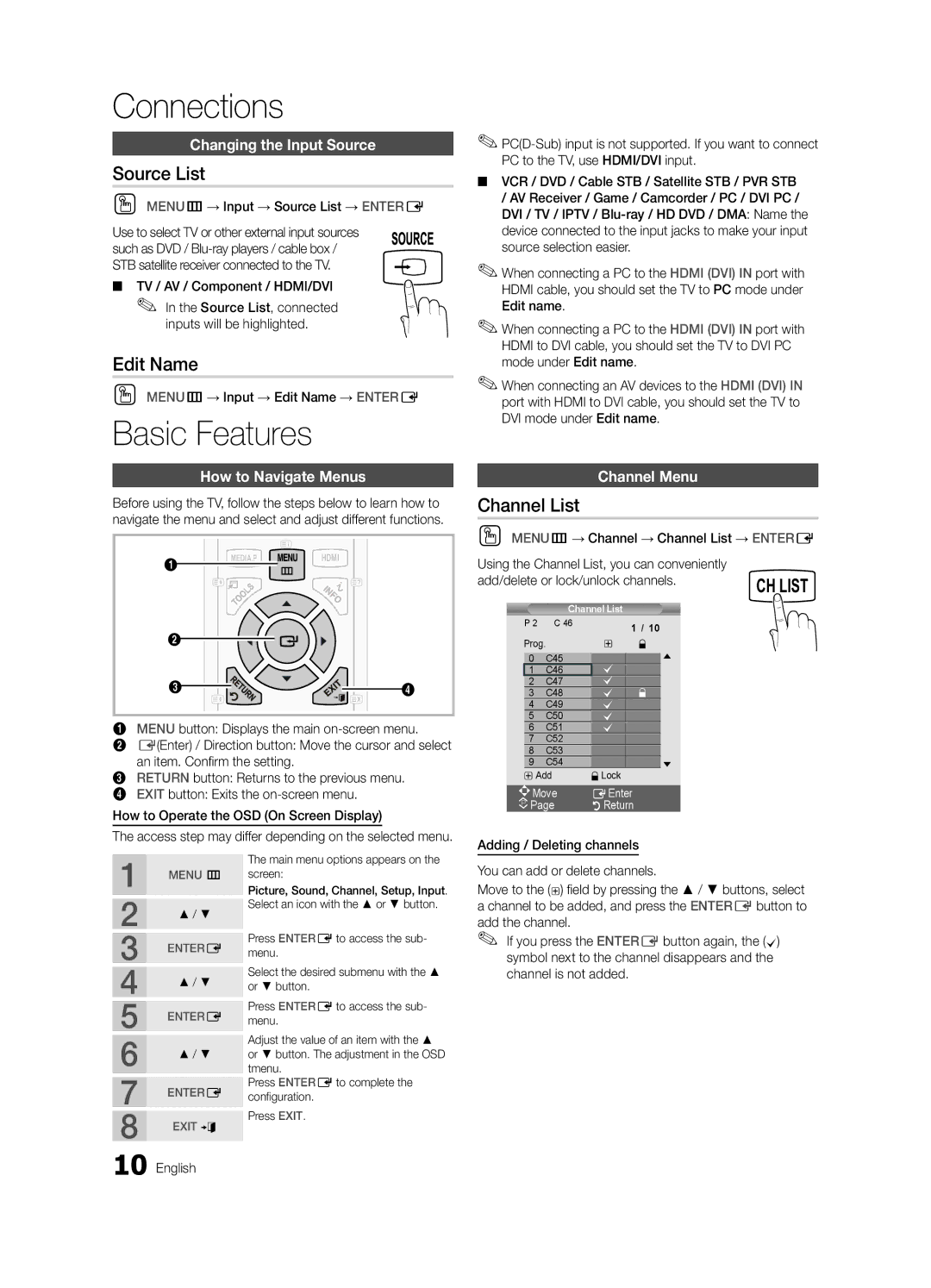 Samsung UA40D5000PRXRQ, UA40D5003BRXUM, UA40D5003BRXTW, UA40D5003BRXSJ Basic Features, Source List, Edit Name, Channel List 