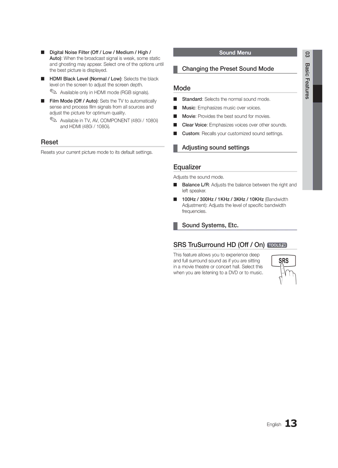 Samsung UA27D5000NRSEC, UA40D5003BRXUM, UA40D5003BRXTW Reset, Mode, Equalizer, SRS TruSurround HD Off / On t, Sound Menu 