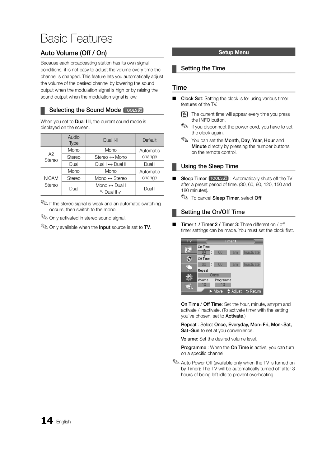 Samsung UA27D5000NRXZN, UA40D5003BRXUM, UA40D5003BRXTW, UA40D5003BRXSJ, UA40D5000PRXSJ Auto Volume Off / On, Time, Setup Menu 