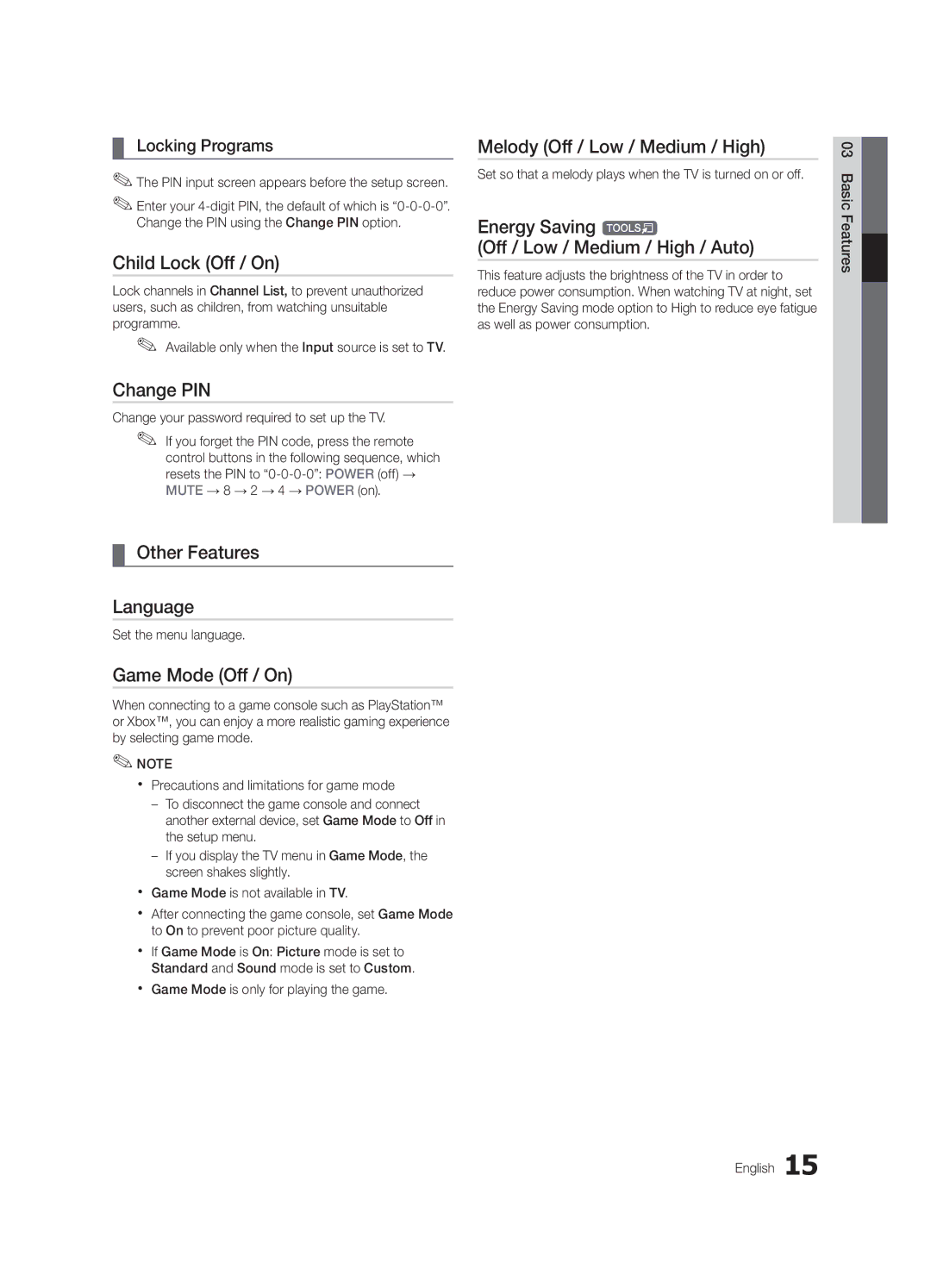 Samsung UA32D4003BXUM, UA40D5003BRXUM manual Child Lock Off / On, Change PIN, Other Features Language, Game Mode Off / On 