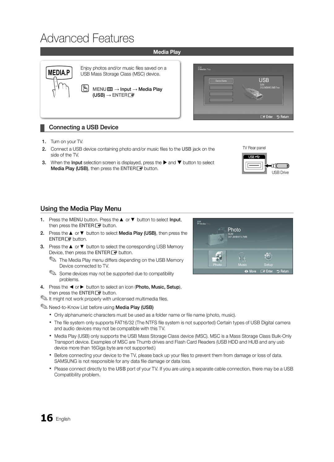 Samsung UA40D5000PRSAS, UA40D5003BRXUM, UA40D5003BRXTW, UA40D5003BRXSJ manual Advanced Features, Using the Media Play Menu 