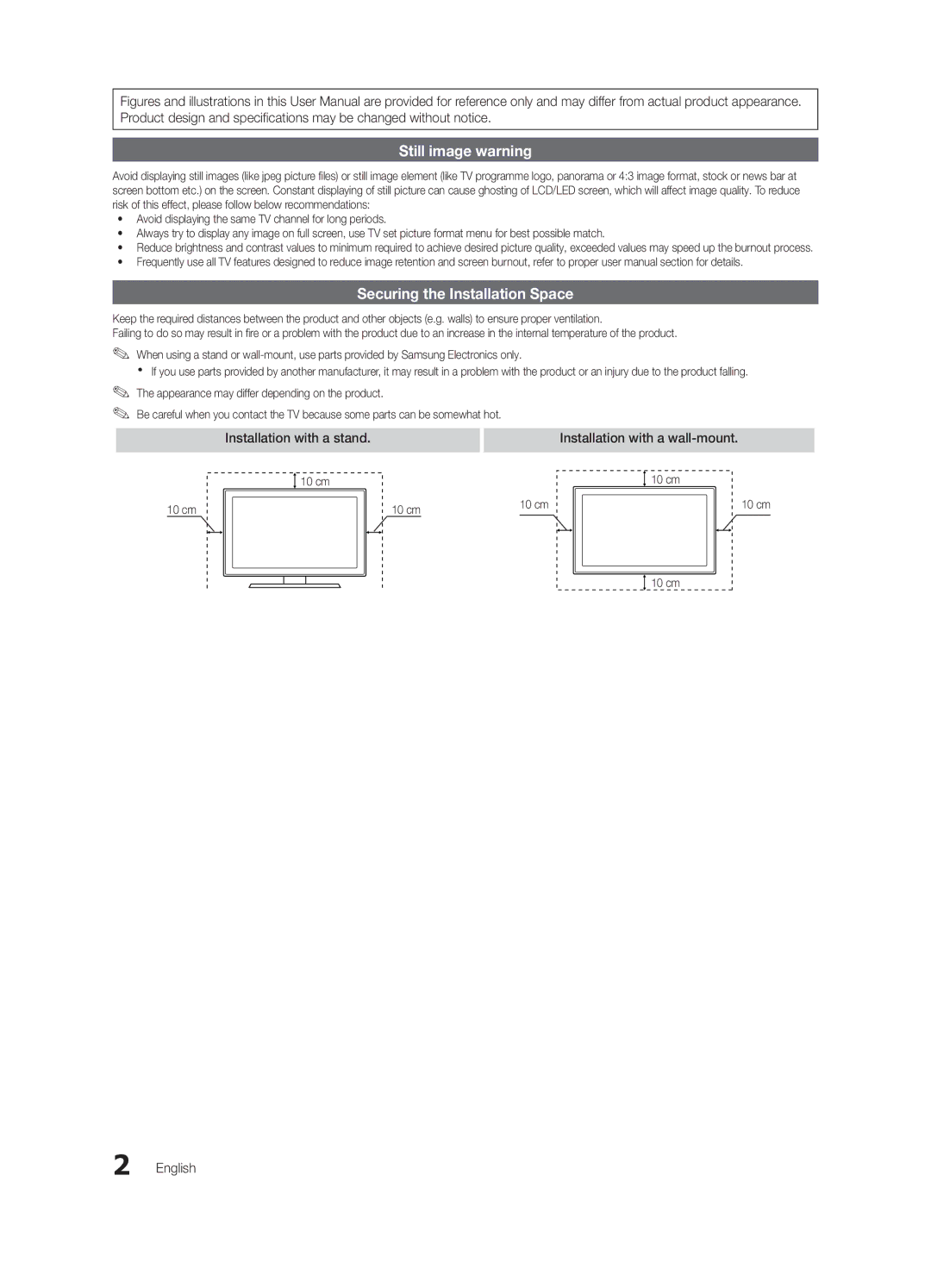 Samsung UA40D5003BRXSJ, UA40D5003BRXUM, UA40D5003BRXTW, UA40D5000PRXSJ Still image warning, Securing the Installation Space 