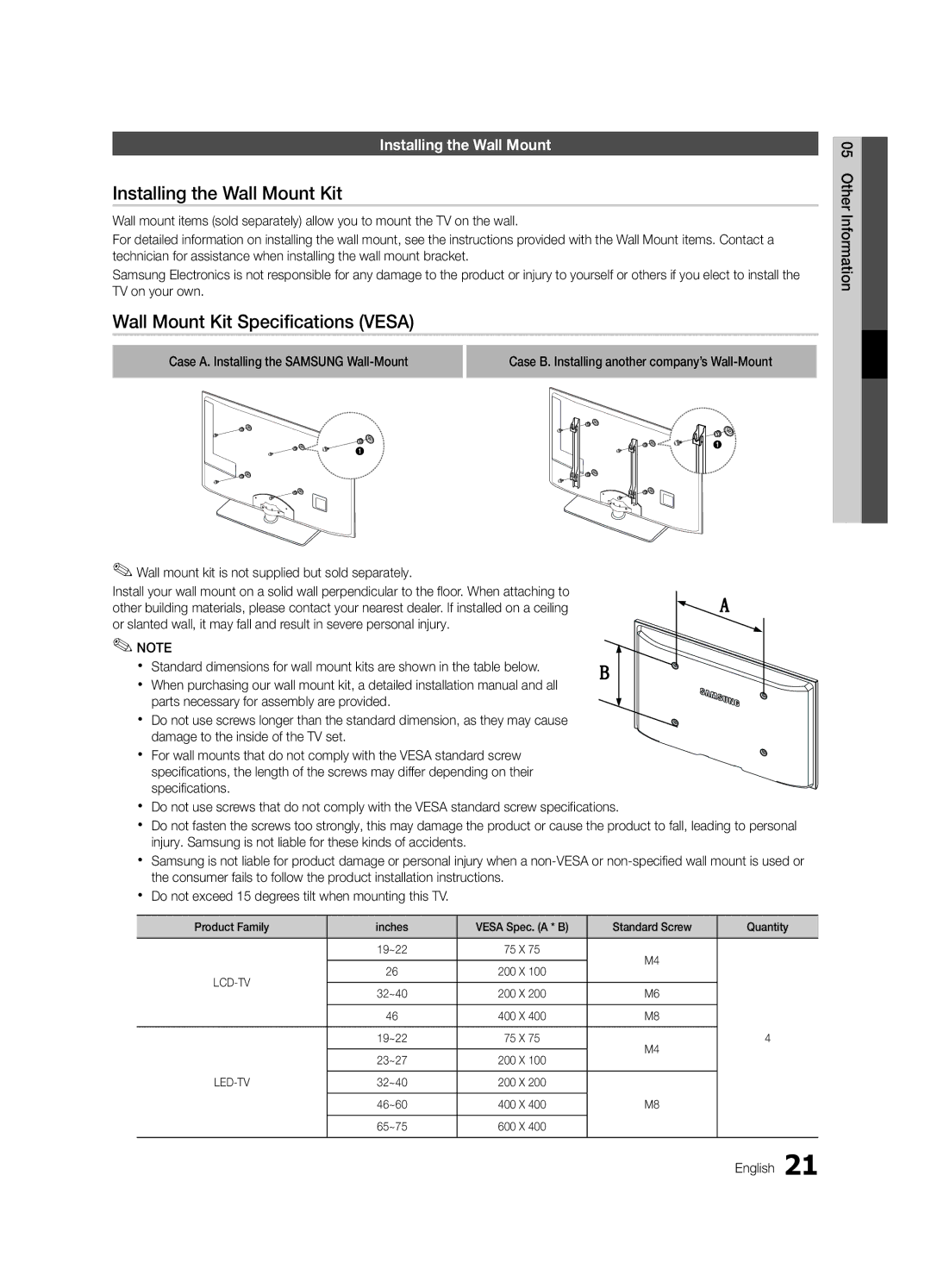 Samsung UA26D4003BXTW, UA40D5003BRXUM, UA40D5003BRXTW Installing the Wall Mount Kit, Wall Mount Kit Specifications Vesa 