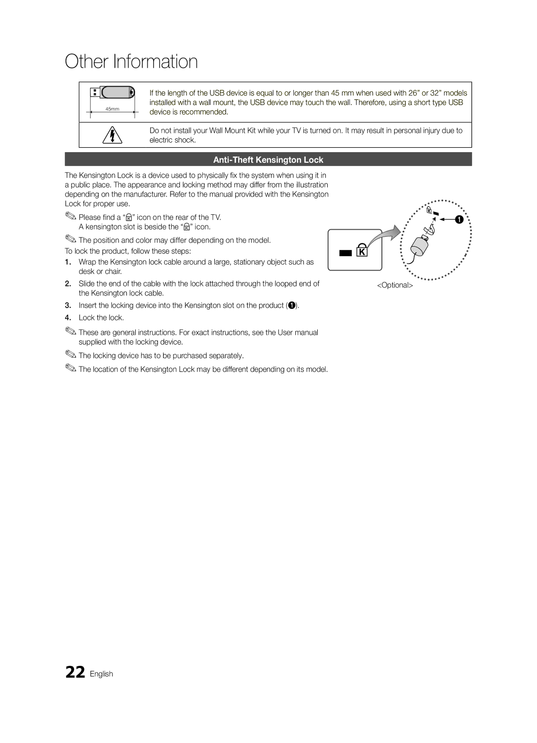 Samsung UA32D4003BXTW, UA40D5003BRXUM, UA40D5003BRXTW, UA40D5003BRXSJ manual Other Information, Anti-Theft Kensington Lock 