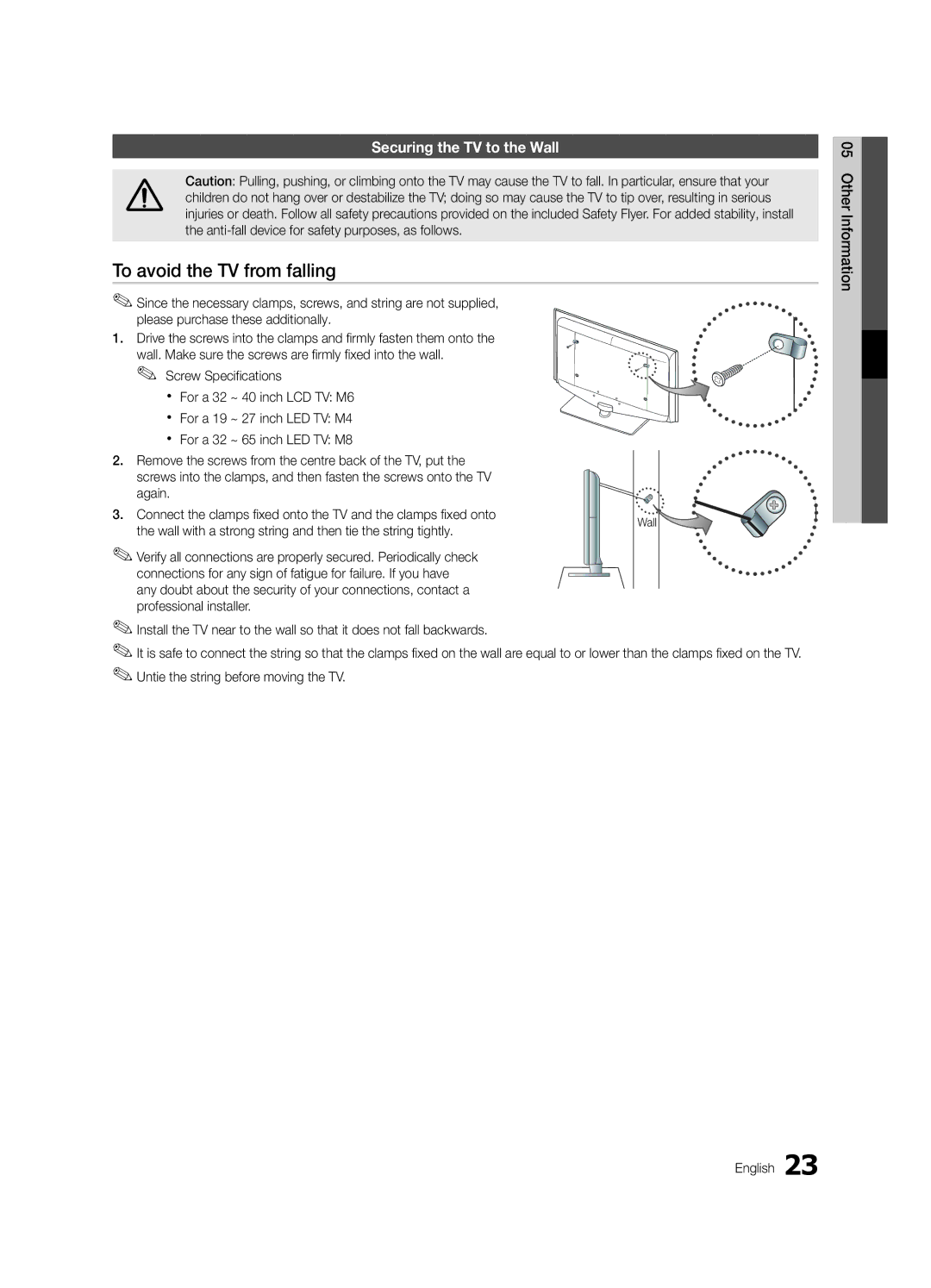 Samsung UA32D4003BXSJ, UA40D5003BRXUM, UA40D5003BRXTW manual To avoid the TV from falling, Securing the TV to the Wall 