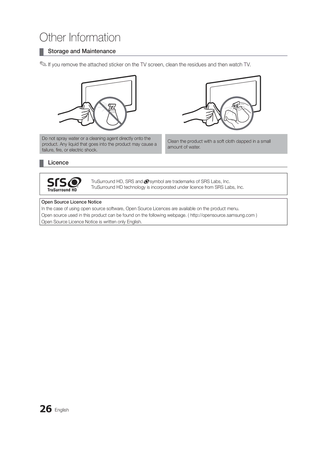 Samsung UA26D4003BXRQ, UA40D5003BRXUM, UA40D5003BRXTW, UA40D5003BRXSJ, UA40D5000PRXSJ, UA40D5000PRSOT Storage and Maintenance 