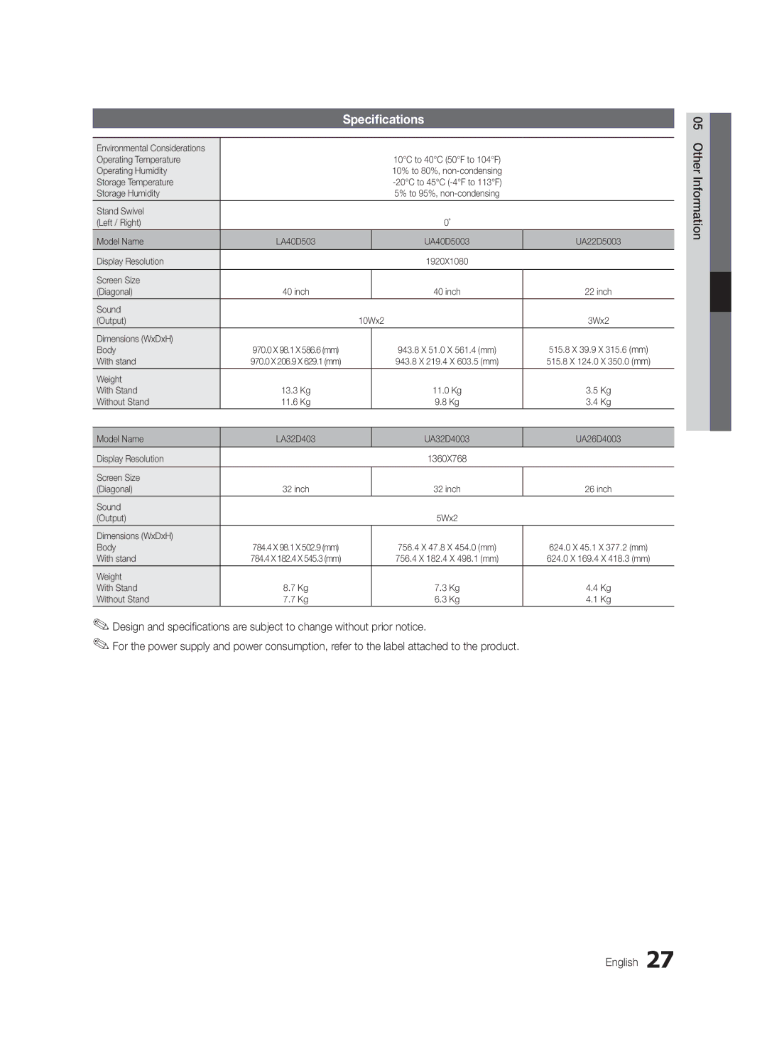 Samsung UA32D4003BXRQ, UA40D5003BRXUM, UA40D5003BRXTW, UA40D5003BRXSJ, UA40D5000PRXSJ, UA40D5000PRSOT manual Specifications 