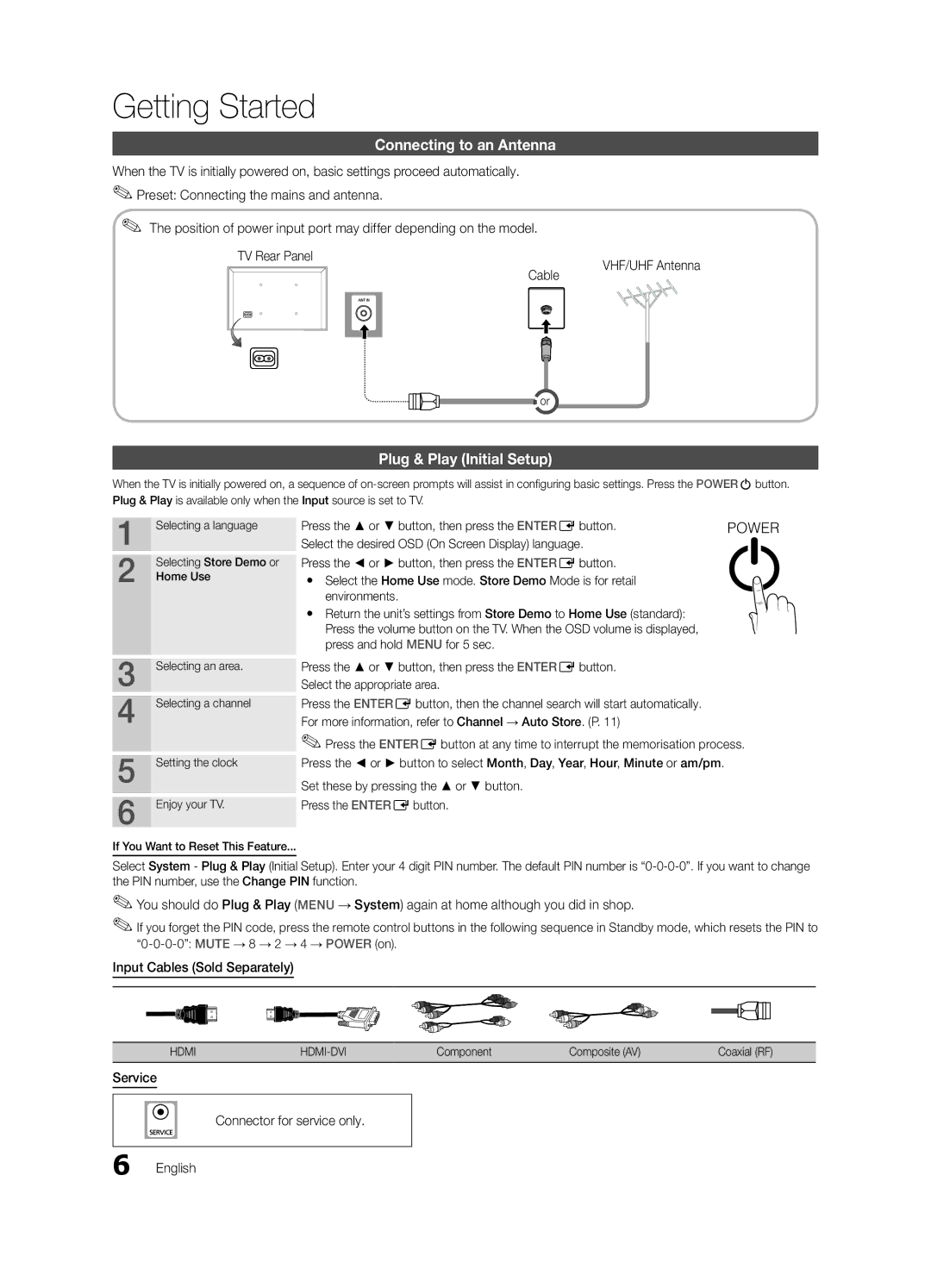 Samsung UA40D5000PRSEC, UA40D5003BRXUM, UA40D5003BRXTW, UA40D5003BRXSJ Connecting to an Antenna, Plug & Play Initial Setup 