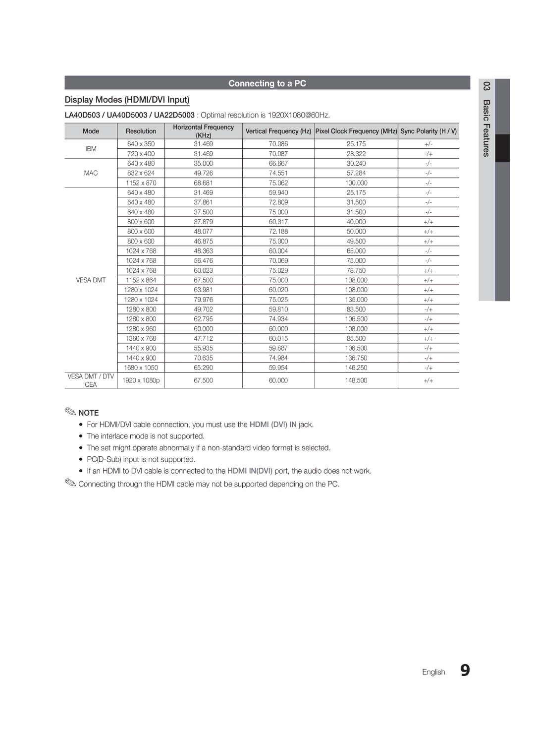 Samsung UA22D5003BRXTW, UA40D5003BRXUM, UA40D5003BRXTW, UA40D5003BRXSJ, UA40D5000PRXSJ, UA40D5000PRSOT Basic Features English 