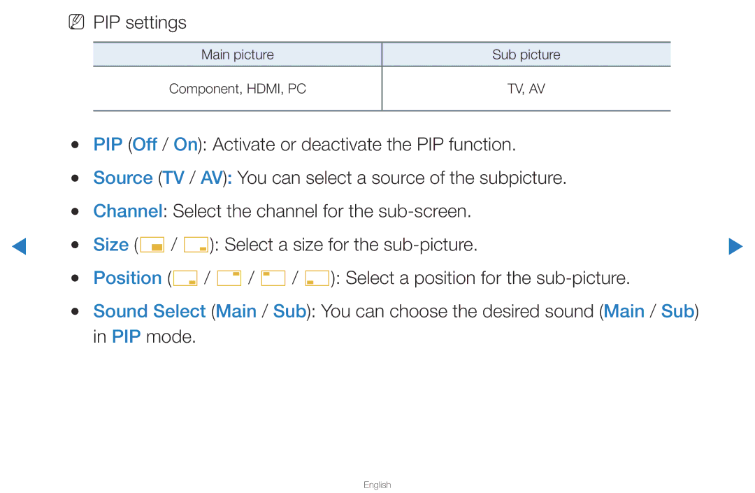 Samsung UA40D5500RRSMN, UA40D5500RRSXA, UA46D5500RRCXA, UA46D5500RRXZN, UA40D5500RRXUM, UA46D5500RRXUM manual NN PIP settings 
