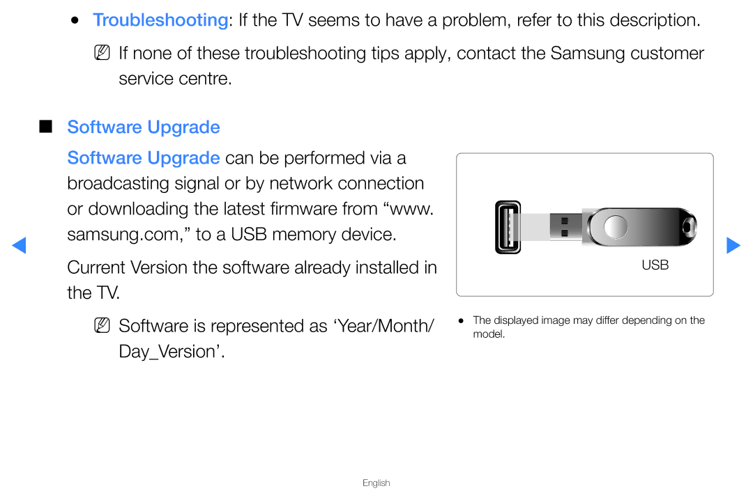 Samsung UA40D5500RRSXA, UA46D5500RRCXA manual Software Upgrade, NN Software is represented as ‘Year/Month/ DayVersion’ 