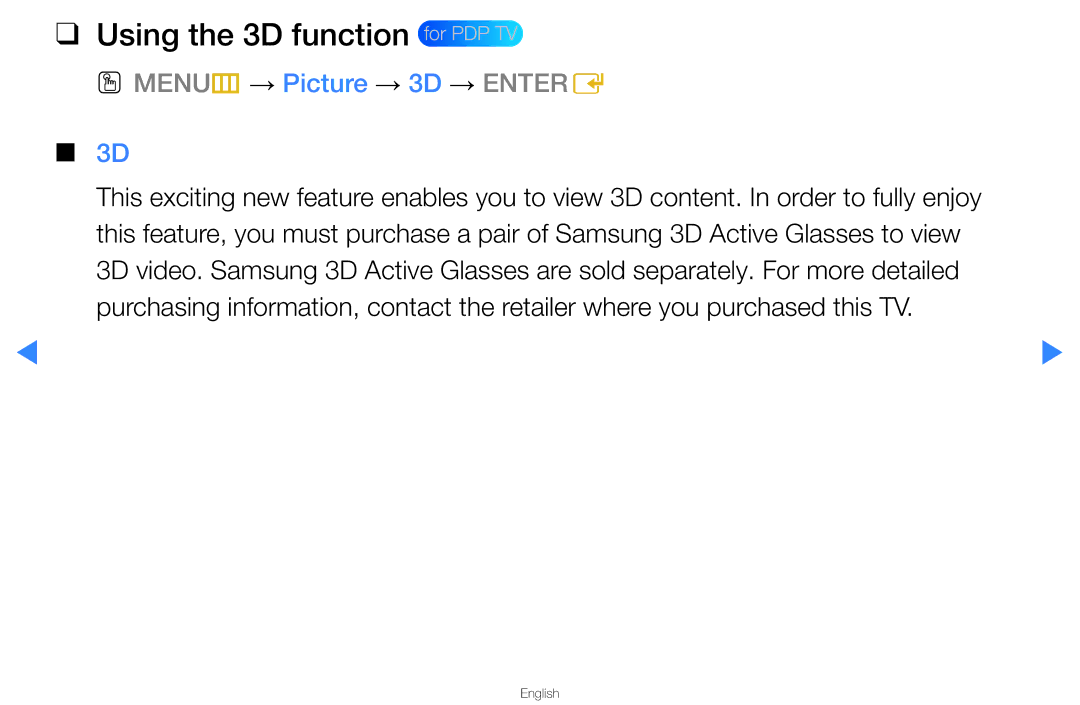 Samsung UA46D5500RRXUM, UA40D5500RRSXA, UA46D5500RRCXA Using the 3D function for PDP TV, OO MENUm → Picture → 3D → Entere 