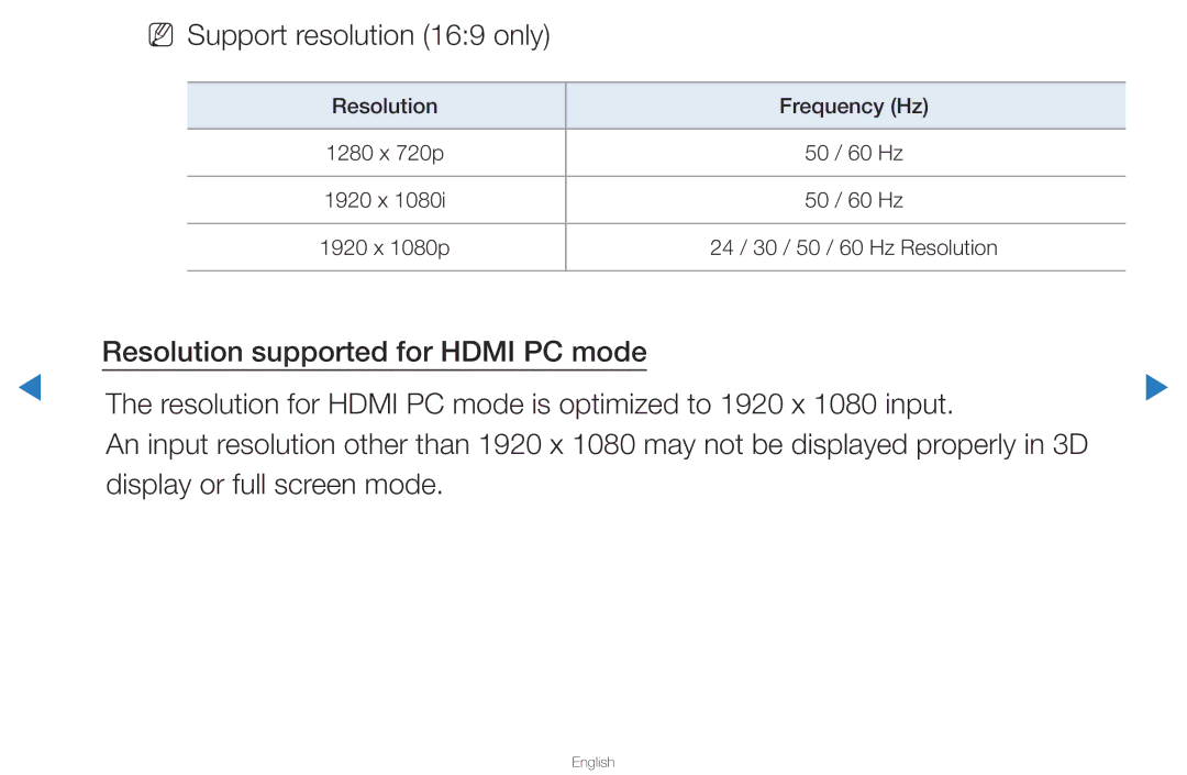 Samsung UA40D5500RRXZN, UA40D5500RRSXA, UA46D5500RRCXA, UA46D5500RRXZN, UA40D5500RRXUM manual NN Support resolution 169 only 