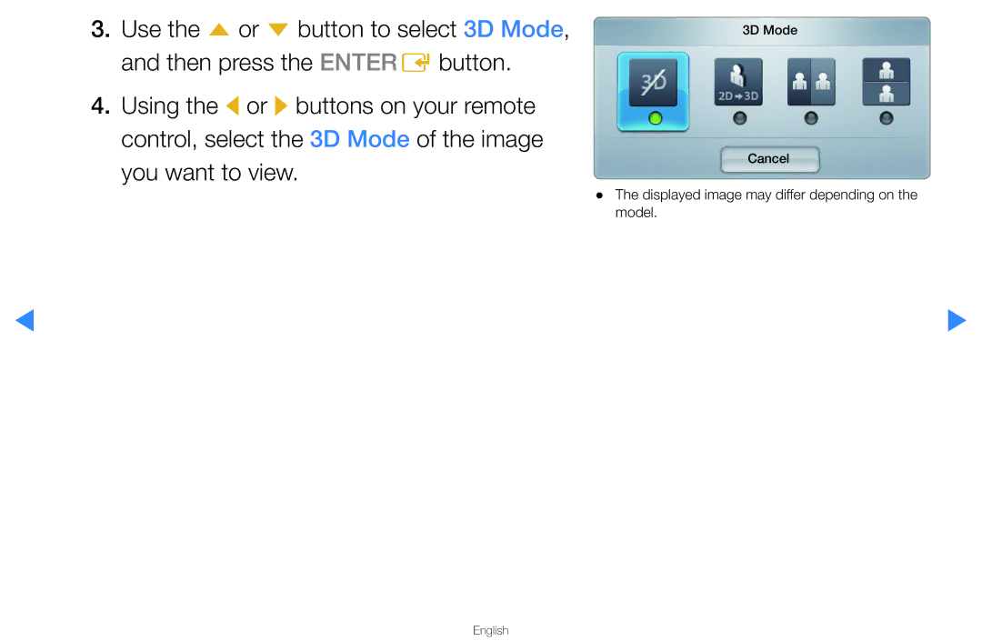 Samsung UA40D5500RRXRQ, UA40D5500RRSXA, UA46D5500RRCXA, UA46D5500RRXZN, UA40D5500RRXUM, UA46D5500RRXUM manual 3D Mode Cancel 