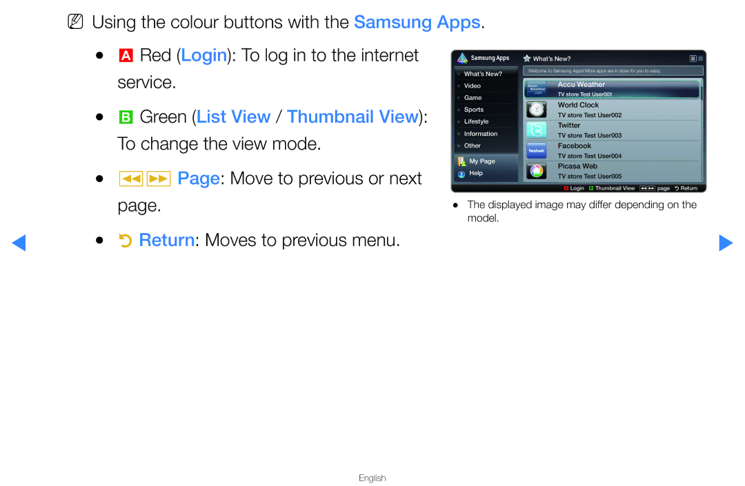 Samsung UA46D5500RRXTW, UA40D5500RRSXA Green List View / Thumbnail View To change the view mode, Move to previous or next 