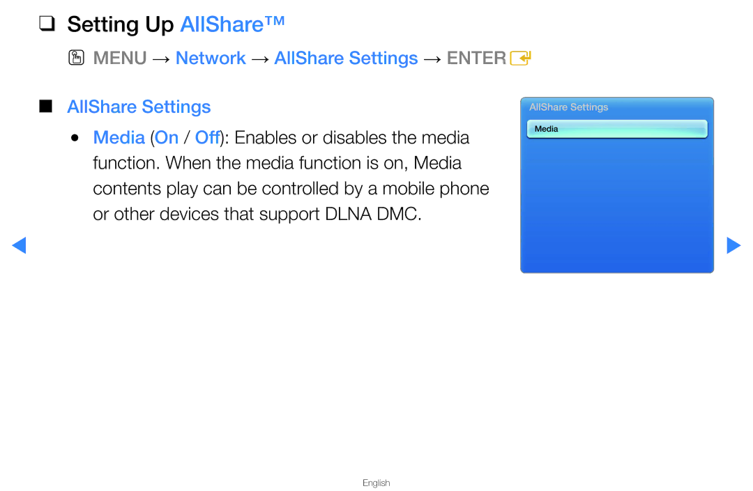 Samsung UA46D5500RRXUM, UA40D5500RRSXA, UA46D5500RRCXA Setting Up AllShare, OO Menu → Network → AllShare Settings → Entere 