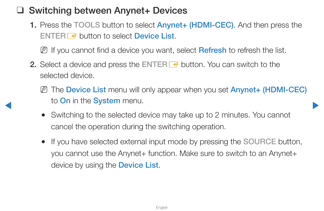 Samsung UA46D5500RRCXA, UA40D5500RRSXA, UA46D5500RRXZN, UA40D5500RRXUM, UA46D5500RRXUM manual Switching between Anynet+ Devices 