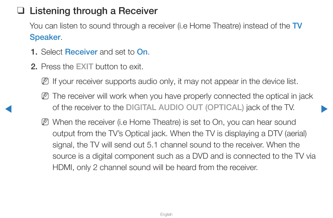 Samsung UA46D5500RRXZN manual Listening through a Receiver, HDMI, only 2 channel sound will be heard from the receiver 