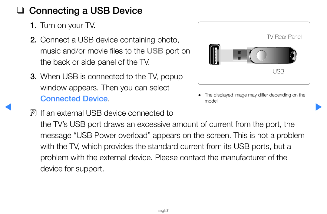 Samsung UA46D5500RRXTW, UA40D5500RRSXA Connecting a USB Device, When USB is connected to the TV, popup, Connected Device 