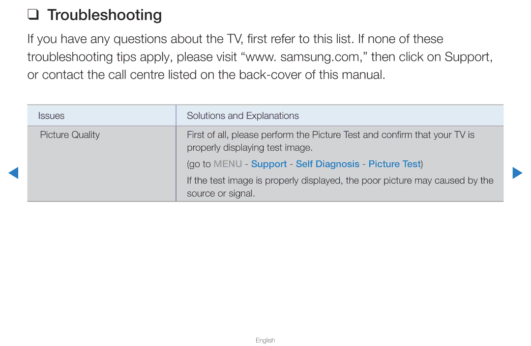 Samsung UA46D5500RRXTW, UA40D5500RRSXA, UA46D5500RRCXA manual Troubleshooting, Go to Menu Support Self Diagnosis Picture Test 