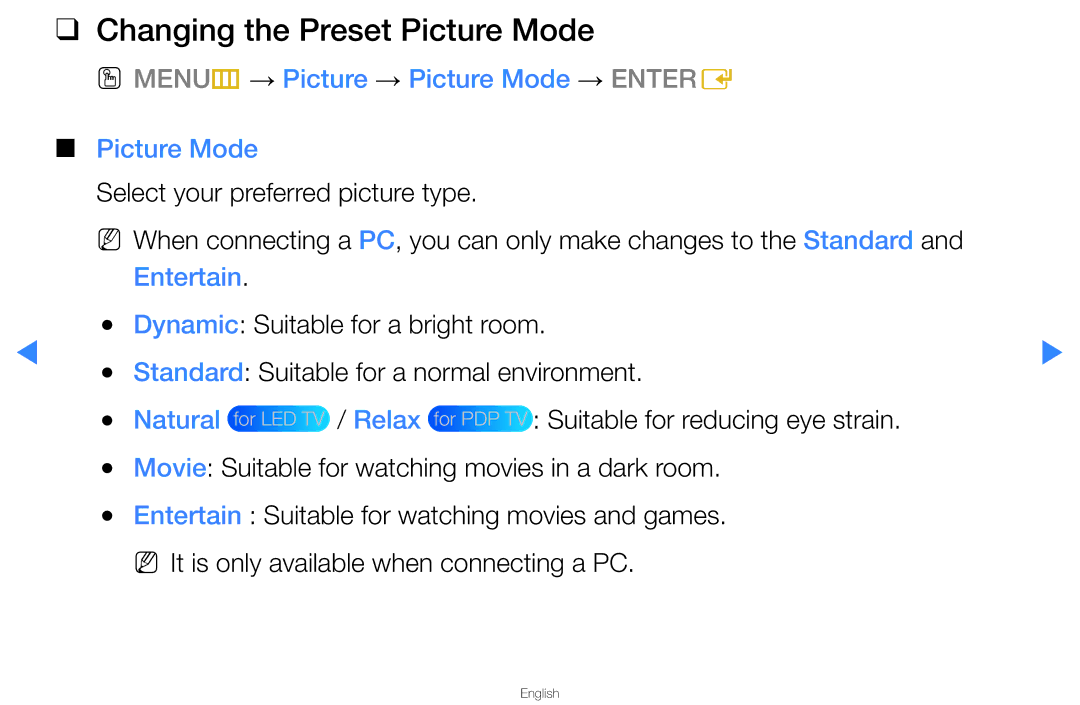 Samsung UA46D5500RRXTW manual Changing the Preset Picture Mode, OO MENUm → Picture → Picture Mode → Entere, Entertain 