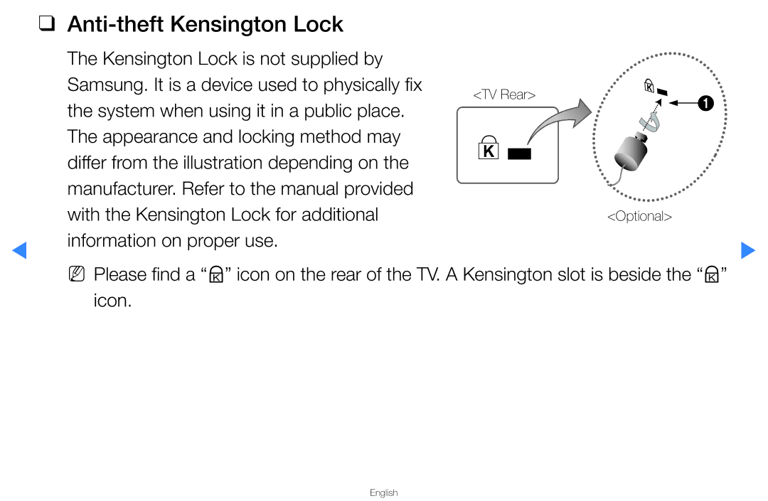 Samsung UA46D5500RRXTW, UA40D5500RRSXA, UA46D5500RRCXA, UA46D5500RRXZN, UA40D5500RRXUM manual Anti-theft Kensington Lock 