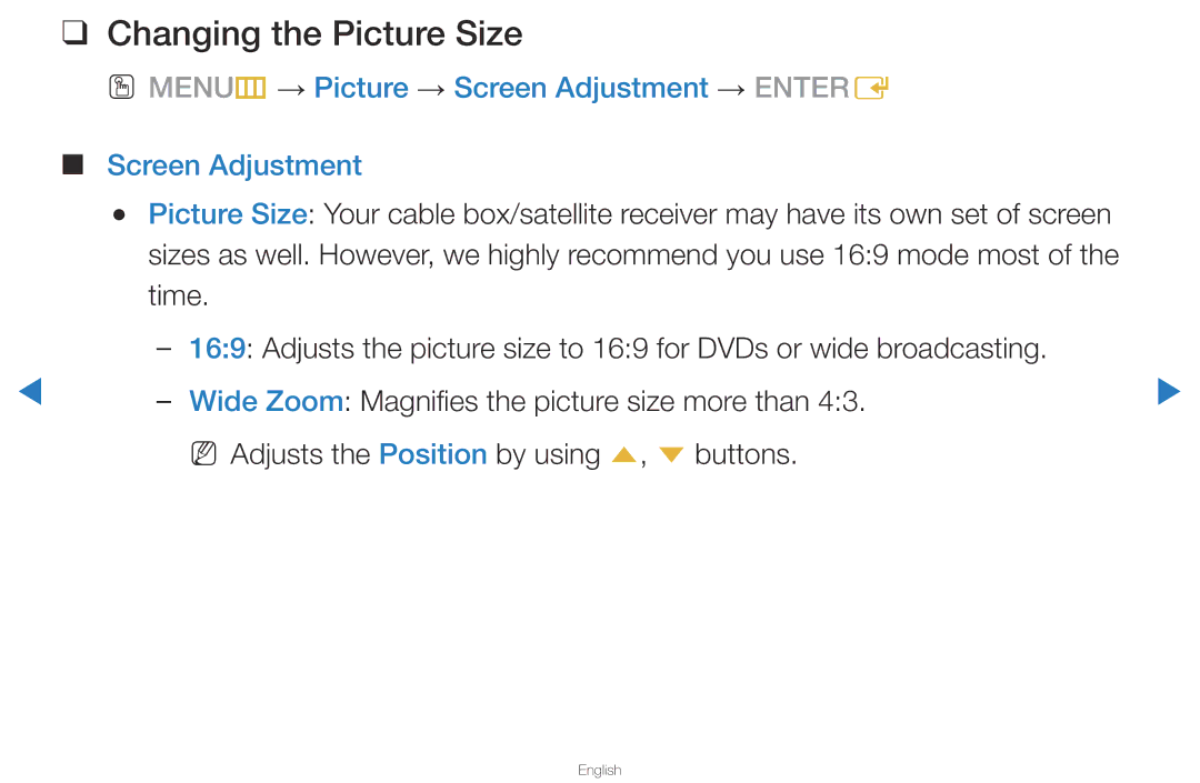 Samsung UA40D5500RRXZN, UA40D5500RRSXA manual Changing the Picture Size, OO MENUm → Picture → Screen Adjustment → Entere 