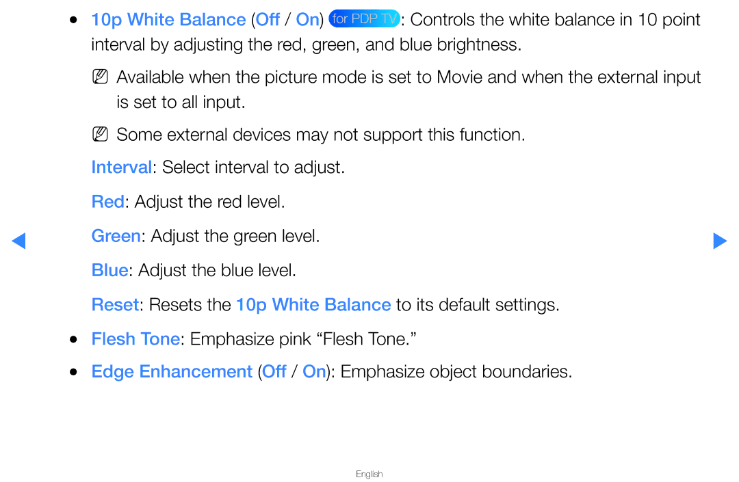 Samsung UA40D5500RRXUM, UA40D5500RRSXA manual 10p White Balance Off / On, For PDP TV Controls the white balance in 10 point 