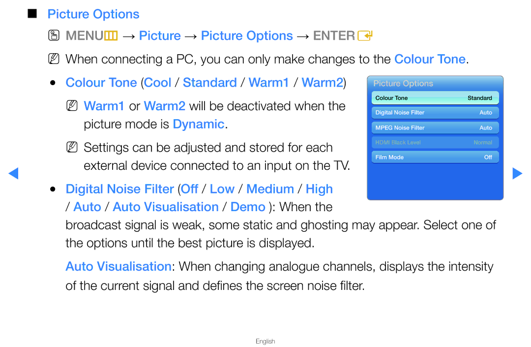 Samsung UA46D5500RRSMN manual Colour Tone Cool / Standard / Warm1 / Warm2, NN Warm1 or Warm2 will be deactivated when 