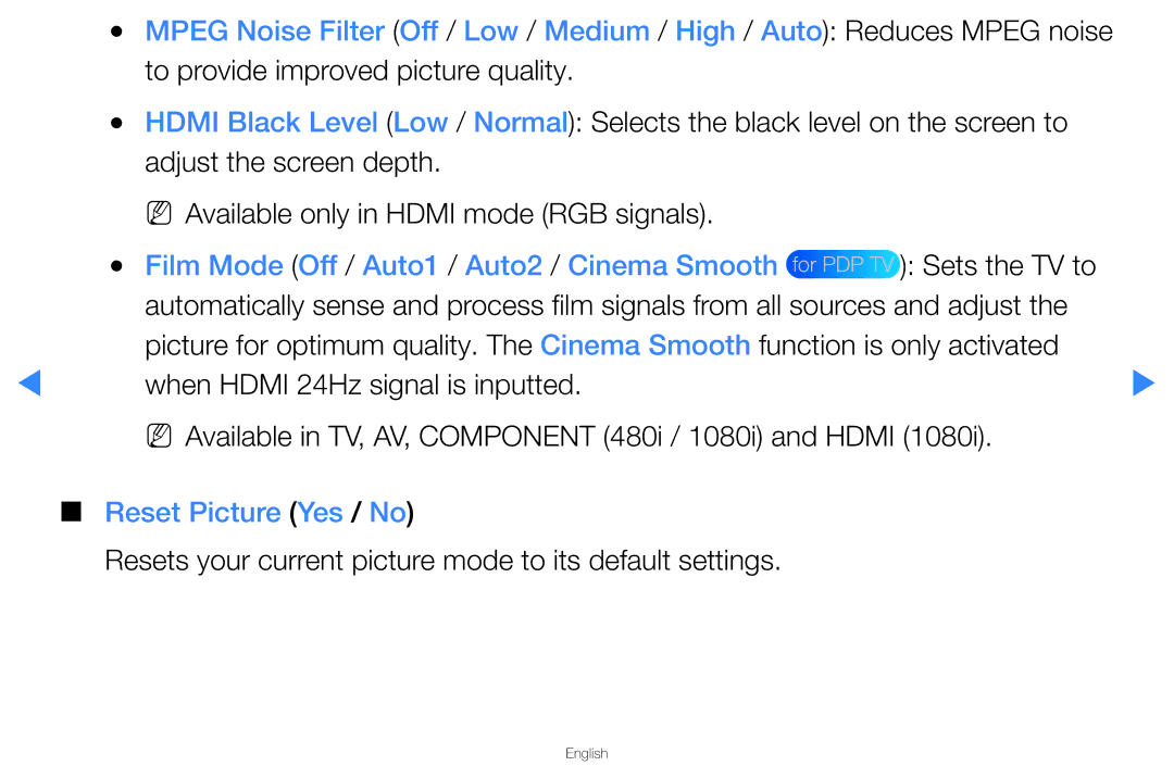 Samsung UA46D5500RRXRQ, UA40D5500RRSXA Reset Picture Yes / No, Resets your current picture mode to its default settings 