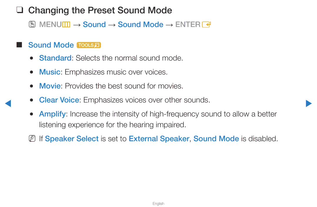 Samsung UA40D5500RRSMN, UA40D5500RRSXA Changing the Preset Sound Mode, OO MENUm → Sound → Sound Mode → Entere Sound Mode t 