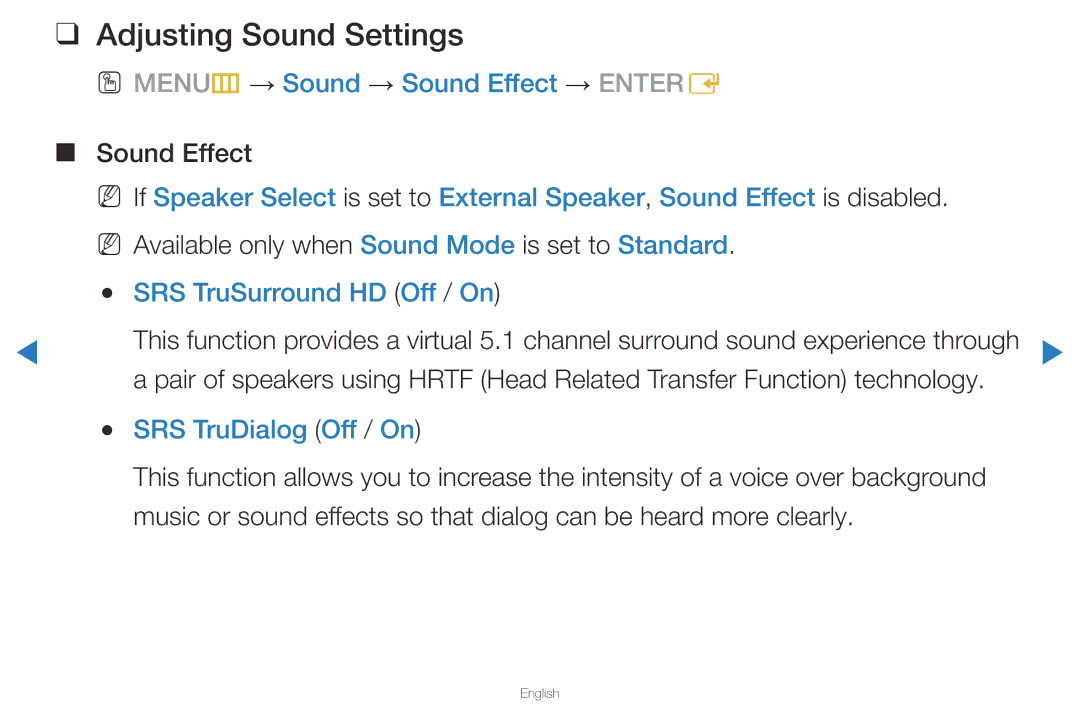 Samsung UA40D5500RRXRQ Adjusting Sound Settings, OO MENUm → Sound → Sound Effect → Entere, SRS TruSurround HD Off / On 