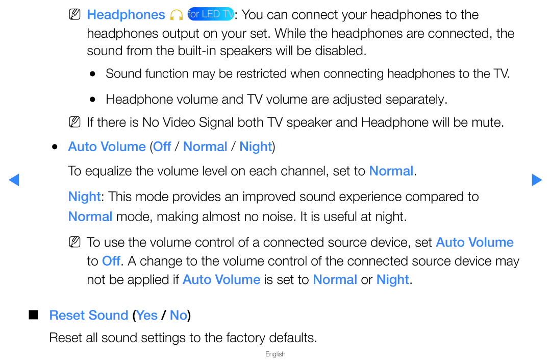 Samsung UA46D5500RRXZN, UA40D5500RRSXA, UA46D5500RRCXA manual Auto Volume Off / Normal / Night, Reset Sound Yes / No 