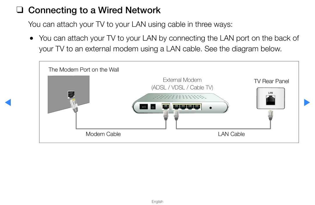 Samsung UA46D5500RRXUM manual Connecting to a Wired Network, You can attach your TV to your LAN using cable in three ways 