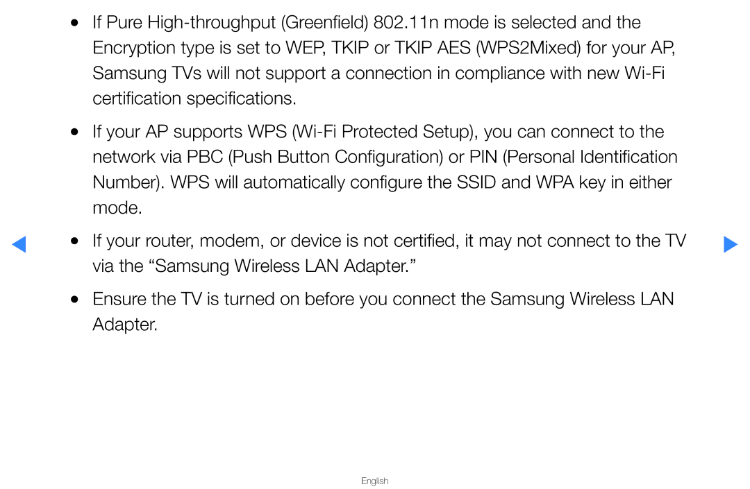 Samsung UA46D5500RRXUM, UA40D5500RRSXA, UA46D5500RRCXA manual If Pure High-throughput Greenfield 802.11n mode is selected 