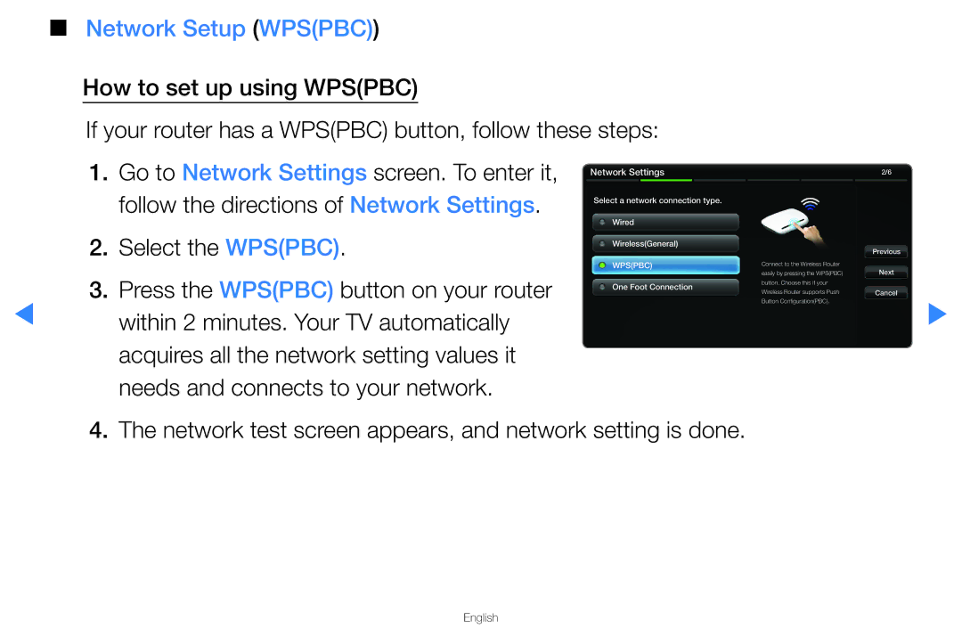 Samsung UA46D5500RRXUM, UA40D5500RRSXA manual Network Setup Wpspbc, Select the Wpspbc Press the Wpspbc button on your router 