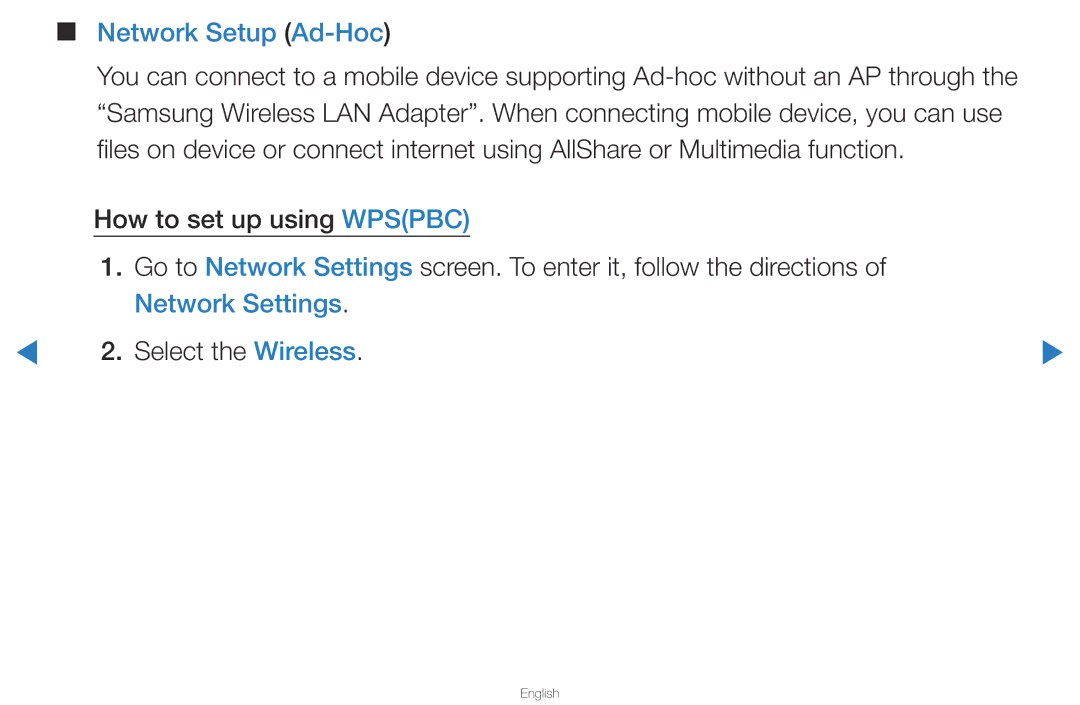 Samsung UA40D5500RRXXV, UA40D5500RRSXA, UA46D5500RRCXA, UA46D5500RRXZN, UA40D5500RRXUM Network Setup Ad-Hoc, Network Settings 