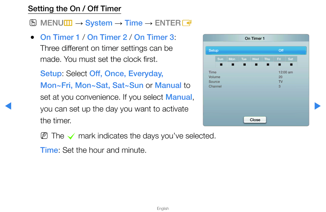 Samsung UA46D5500RRXUM, UA40D5500RRSXA Setting the On / Off Timer, You can set up the day you want to activate the timer 