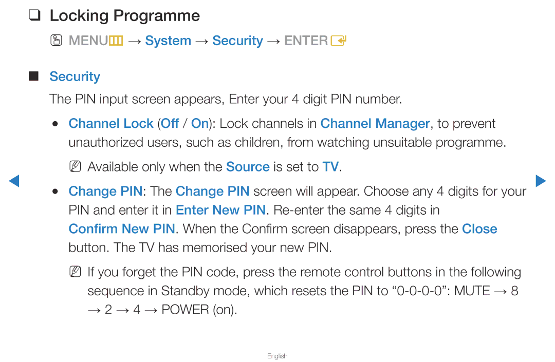 Samsung UA40D5500RRXZN, UA40D5500RRSXA manual Locking Programme, OO MENUm → System → Security → Entere, → 2 → 4 → Power on 