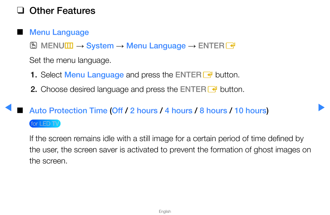 Samsung UA40D5500RRXXV, UA40D5500RRSXA manual Other Features, Menu Language OO MENUm → System → Menu Language → Entere 