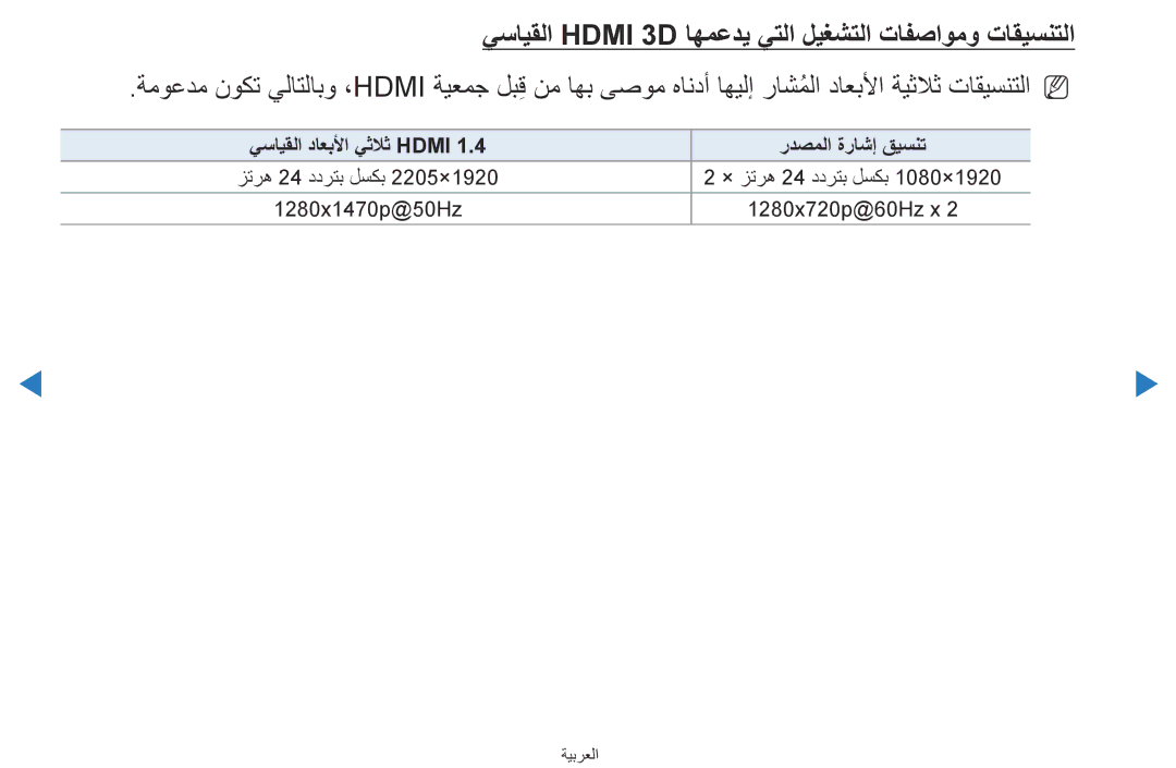 Samsung UA40D5500RRXTW, UA40D5500RRSXA, UA46D5500RRCXA manual يسايقلا Hdmi 3D اهمعدي يتلا ليغشتلا تافصاومو تاقيسنتلا 