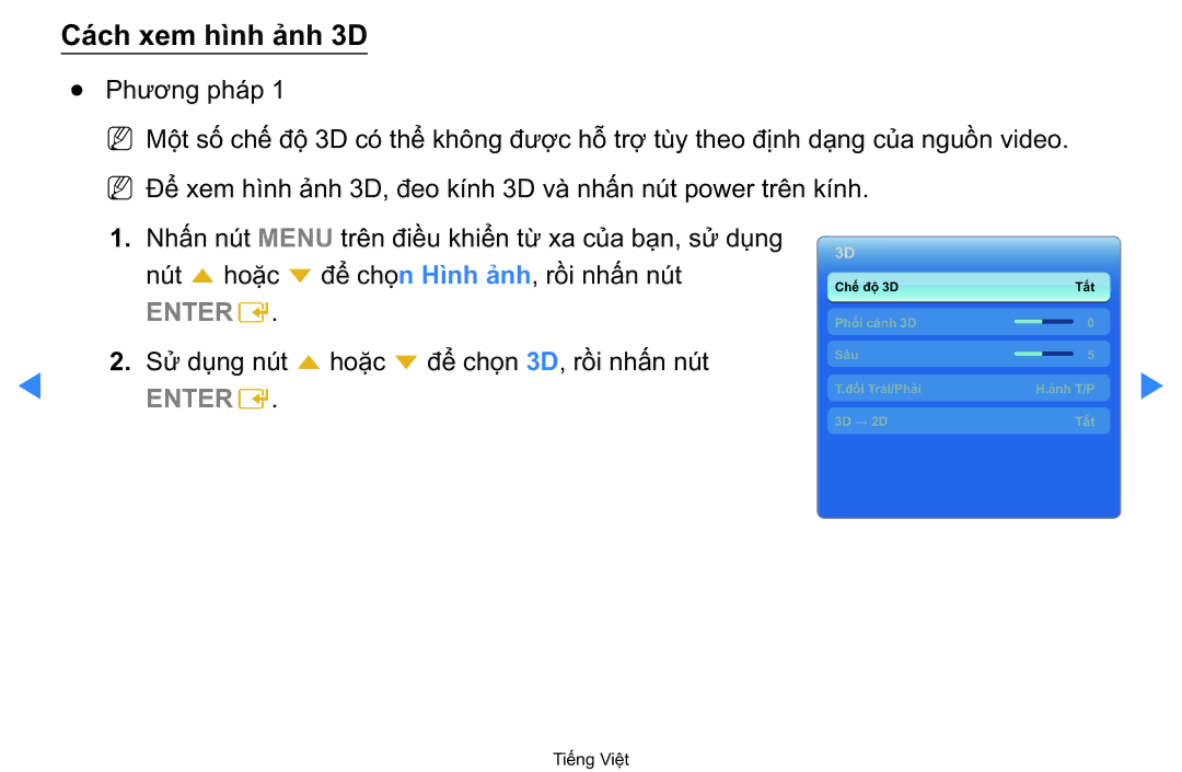 Samsung UA40D5500RRXXV manual Cách xem hì̀nh ảnh 3D 