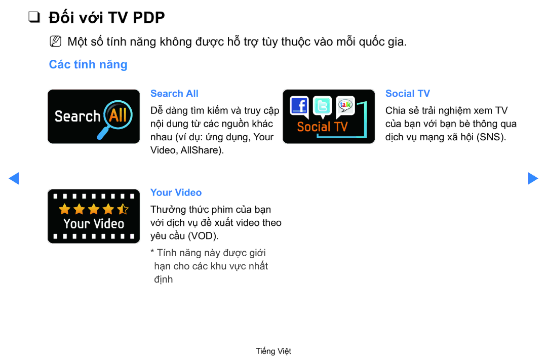 Samsung UA40D5500RRXXV manual Đối vớ́i TV PDP, Cac tinh năng 