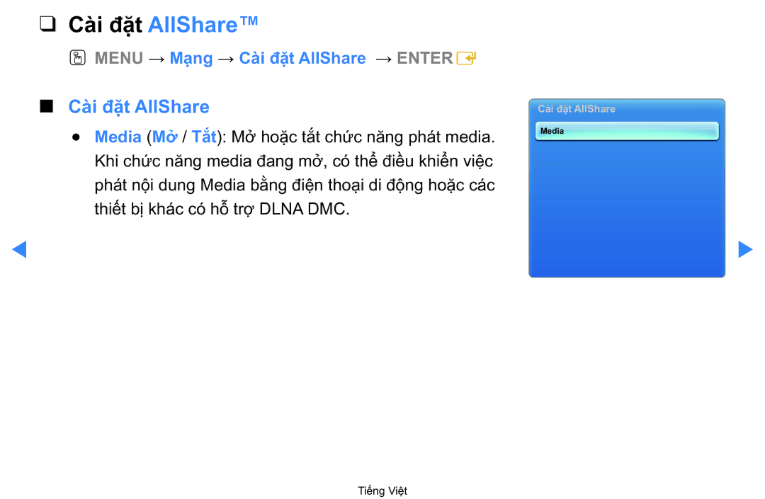 Samsung UA40D5500RRXXV manual OO Menu → Mạ̣ng → Cài đặt AllShare → Entere 