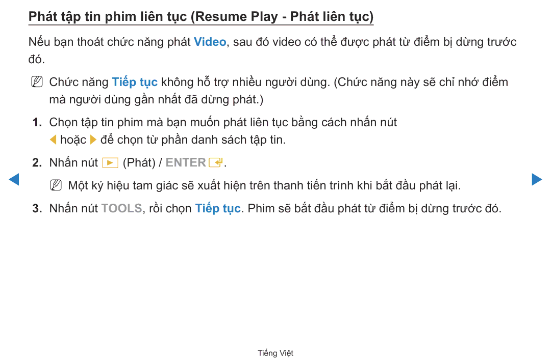 Samsung UA40D5500RRXXV manual Phát tậ̣p tin phim liên tục Resume Play Phát liên tục 