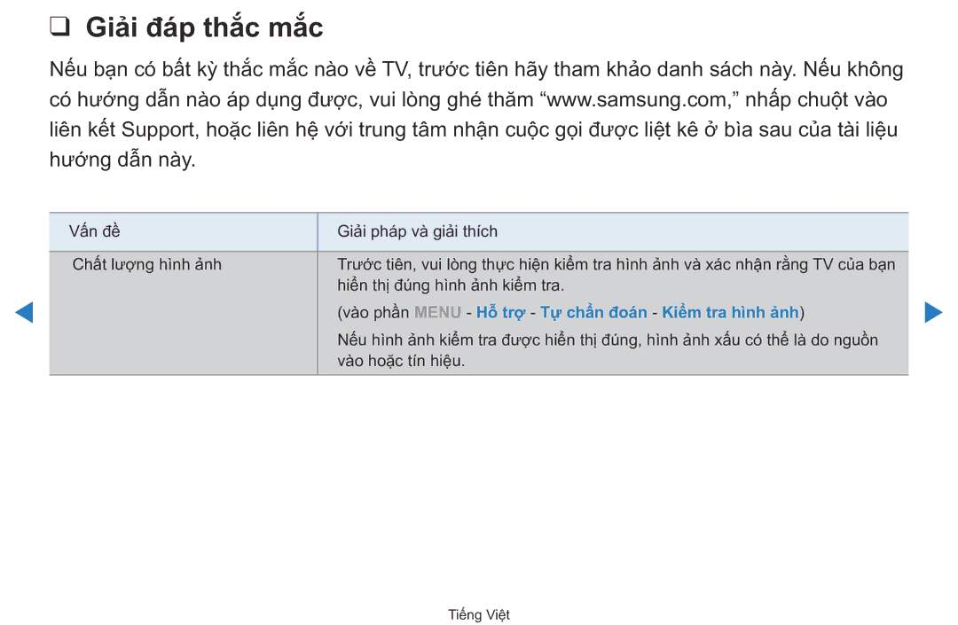 Samsung UA40D5500RRXXV manual Giải đáp thắc mắc, Vao phần Menu Hô trơ Tư chân đoan Kiêm tra hình anh 