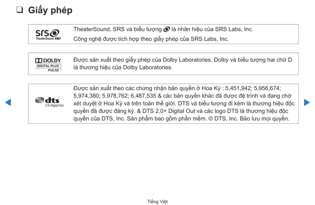 Samsung UA40D5500RRXXV manual Giấy phép 