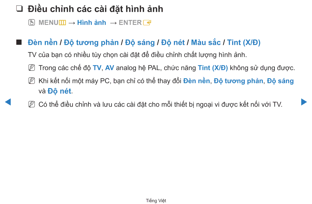 Samsung UA40D5500RRXXV manual Điều chỉnh các cài đặt hì̀nh ảnh, Và Độ̣ nét, OO MENUm → Hì̀nh ảnh → Entere 