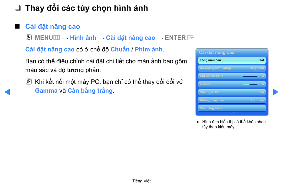 Samsung UA40D5500RRXXV manual Thay đổi các tù̀y chọn hì̀nh ảnh, Cài đặt nâng cao, Gamma va Cân bằng trăng 