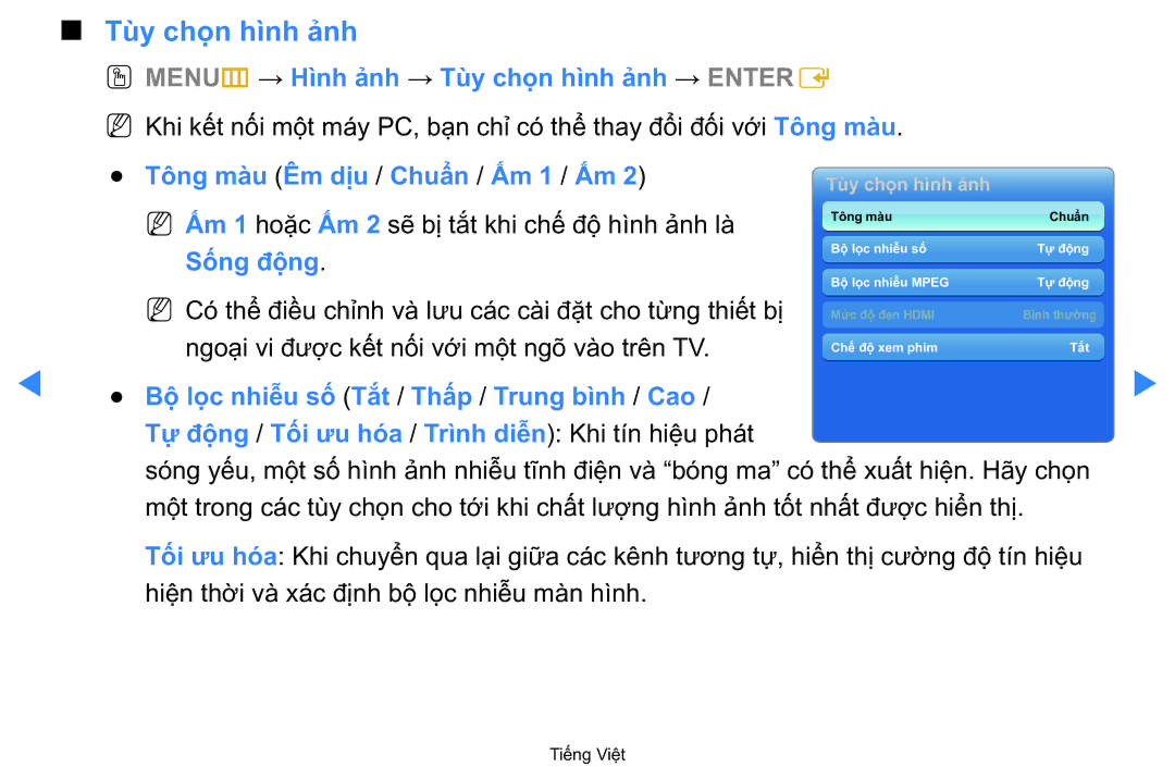 Samsung UA40D5500RRXXV manual Tùy chon hình anh, OO MENUm → Hình anh → Tùy chọn hì̀nh ảnh → Entere 